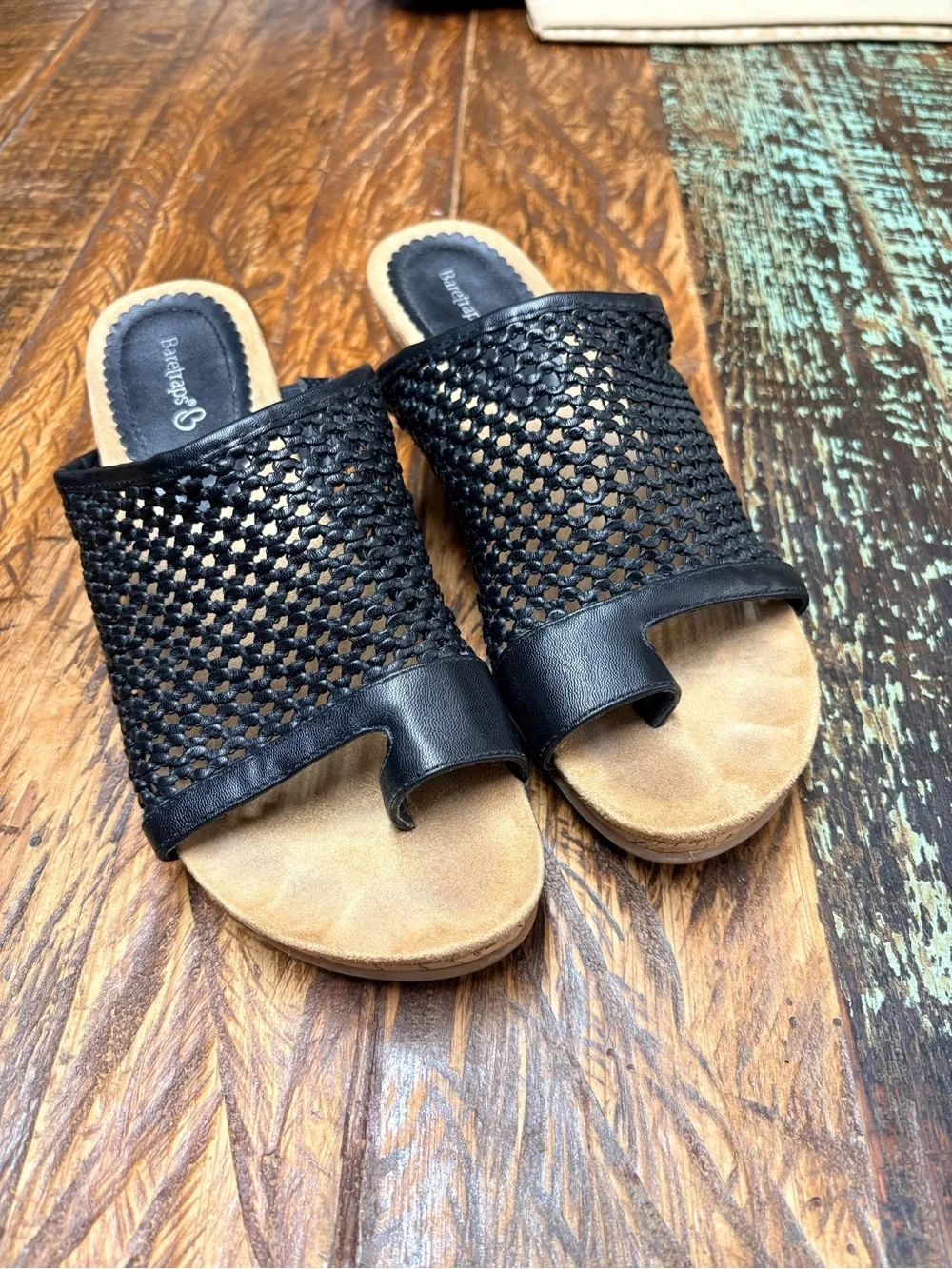 BareTraps Flossey Wedge Black Woven Mesh Cork Wedge Slides Sandals Size 11